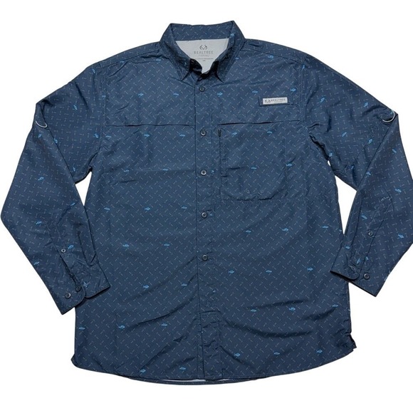 Realtree Other - Realtree Fishing Shirt Mens Medium Navy Blue Anchor Fish Print Long Sleeve Vent